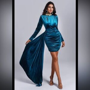 NWT Bella Barnett Elegant Teal Blue Velvet Dress Angel in Blue S
